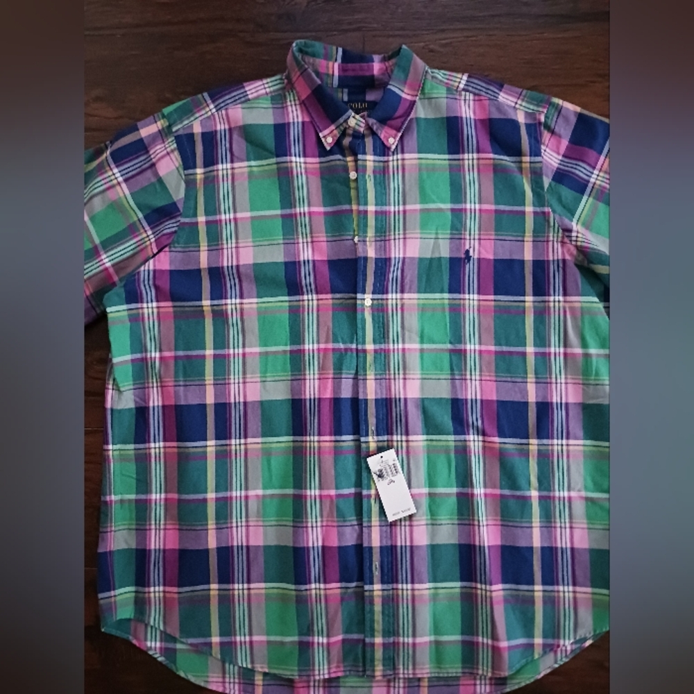 Men's Polo by Ralph Lauren Green Navy Pink Plaid Button-Down Shirt